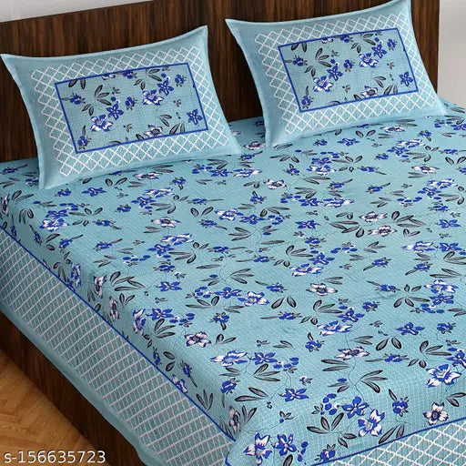 White floral superfine cotton double queen flat sheets set (2 pillow covers), made in India