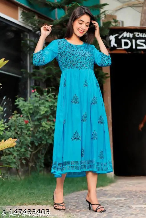 Women's Rayon Hand Block Printed Anarkali Kurti, three-quarter sleeves, S-XXXL sizes available