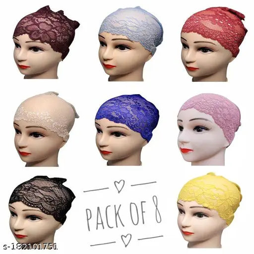 Muslim hijab caps, pack of 8, various colors and patterns