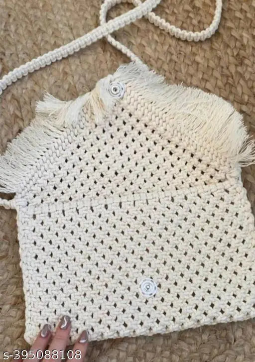 White and beige macramé design handbag, zip closure