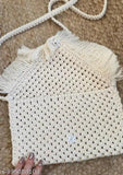 White and beige macramé design handbag, zip closure