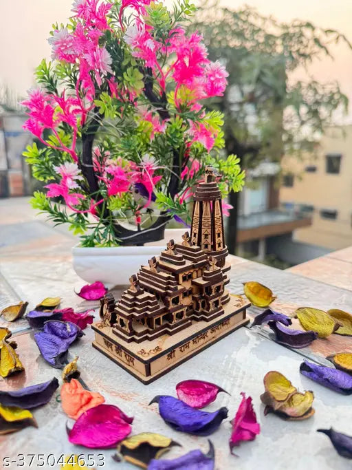 Brown 3D Wood Ram Temple for Home Decoration, Small Size - Detailed depiction of a traditional Indian Ram Mandir model