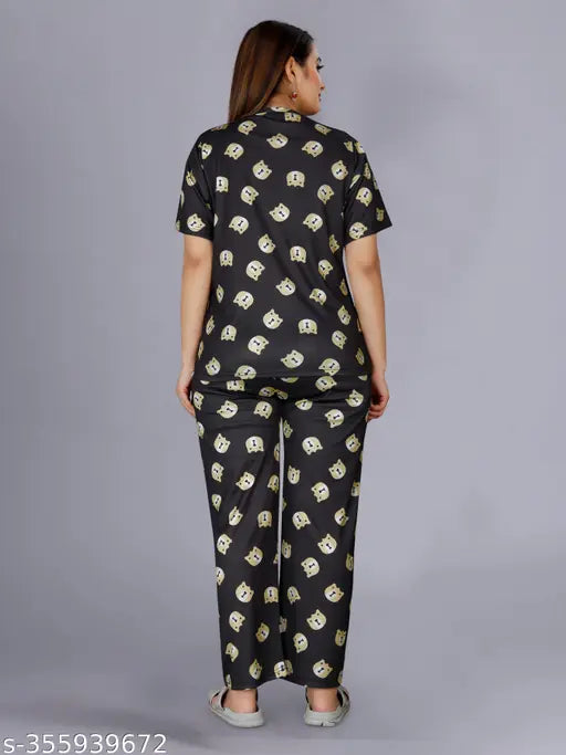 Printed polycotton night suit set, women's lounge wear with crop t-shirt pyjama and shorts, suitable for winter or beach wear. Indian origin