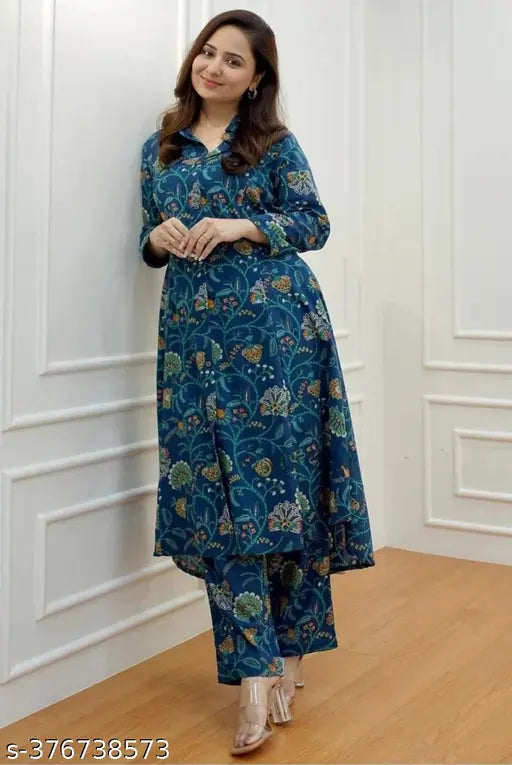 Ethnic Rayon Slub Printed Net 2 Piece Kurta Set for Women, full sleeve, ankle length pants, suitable for Western Wear, Office wear, Summer Wear, Beach Wear