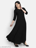 Women's long flared rayon dress, solid navy blue