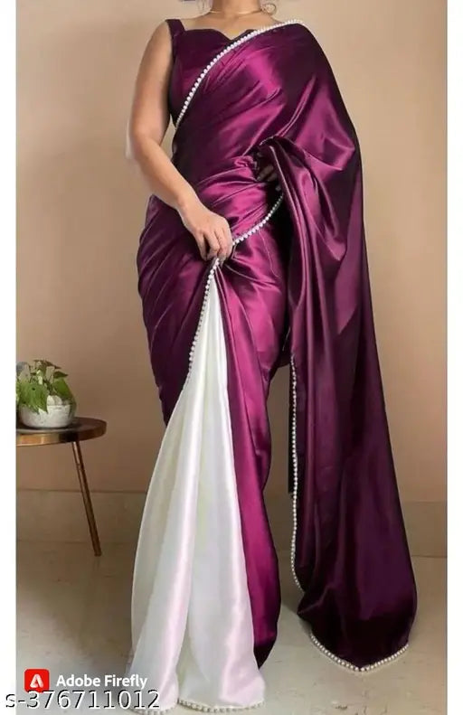 Maroon satin saree with white border