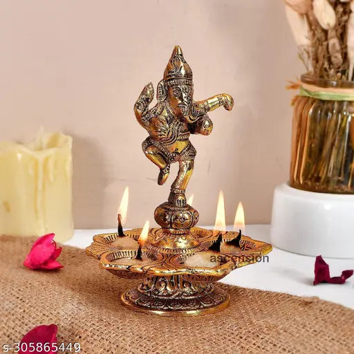 Antique metal Dancing Ganesh Diya with stand, 5 wick holder for Pooja Room Diwali home decoration