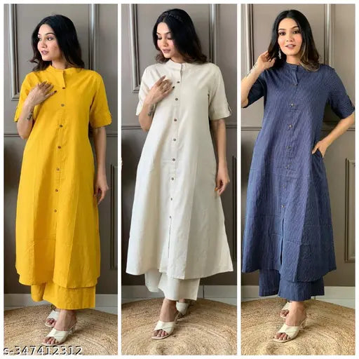 Cotton Aline kurti set with palazzos - designer, solid color, Indian khantha fine cotton