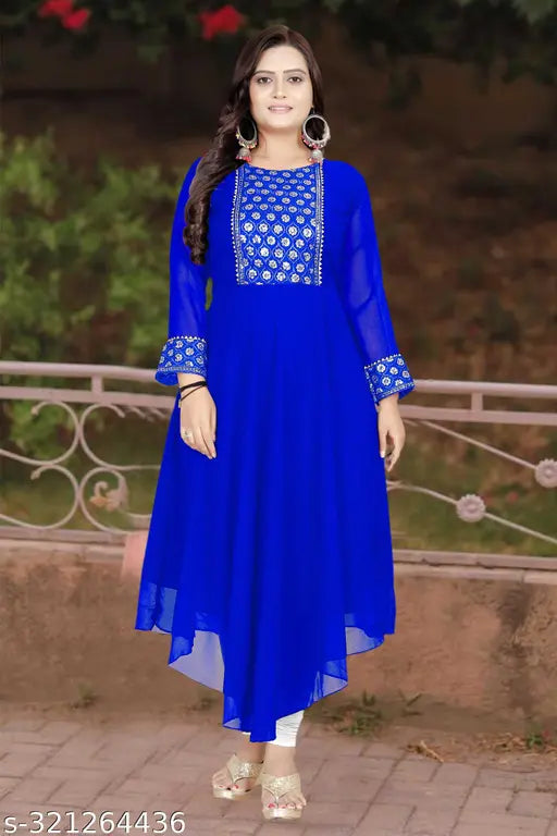 Embroidered Georgette long-sleeved jumpsuit in R.Blue, M-XXXL, Indian fashion on model