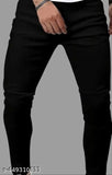 Men's black denim jeans, slim fit, button fly closure