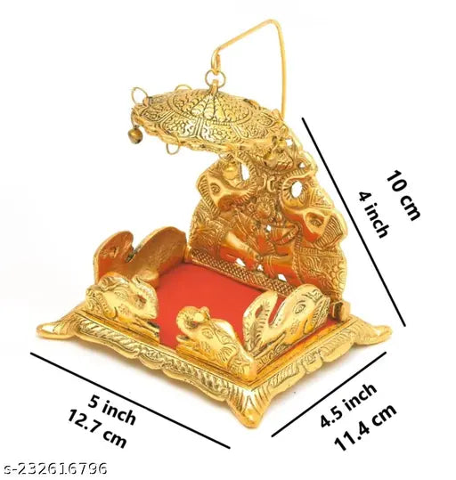 Metal Krishna Sihasan, pre-assembled temple (Height: 18cm) with antique finish for home & office decor. Traditional white metal Singhasan inspired by royal touch. Handcrafted religious art for worship and gifting. Indian origin