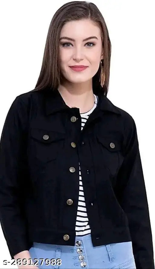 Black denim women's jacket by Fannox Enterprises, solid design, long sleeves, S size (bust 30in, length 23in)