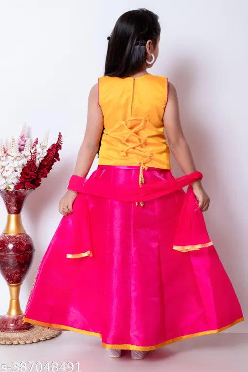 Kids girls satin lehenga choli with super net dupatta, embroidered, sleeveless, 1-9 years sizes available
