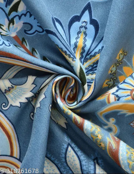 Sky blue glace cotton printed double bedsheet with two pillow covers, soft and perfect for heavy winter. Ideal size for a double queen mattress, 100 x 90 inches. Made in India