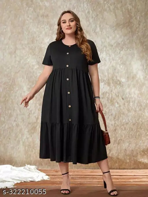 Black long-sleeve midi dress, front button closure