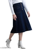 Navy blue denim western skirt, calf length, multiple buttons & pockets, denim for women's casual wear, size 26-44 (India)