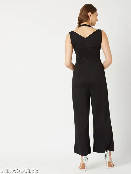 Black polyester sleeveless halter neck jumpsuit by Miss Chase, sequin-paneled with pleats, India origin