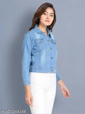 Light blue denim jacket, long sleeves, solid pattern by Kashian Women from India