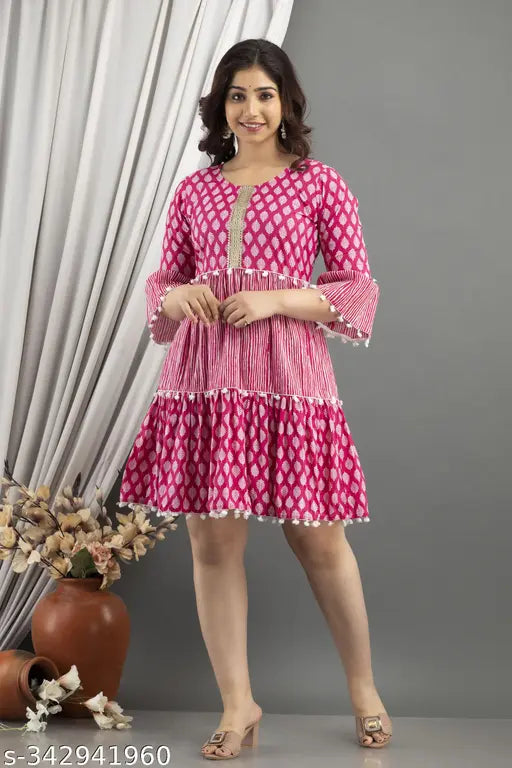 Pink viscose rayon dress, three-quarter sleeves, printed combo. Women's size S to XXL, comfortable and washable dress for office, home, or festive occasions. Made in India