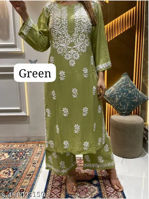 Embroidered rayon kurta and palazzo set, 14kg Chikankari work Indian ethnic wear on mannequin
