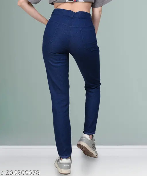 Stretchable premium blue denim jeans. Mid-waist, elastic waist, ankle cuff, bell bottom design. Suitable for casual wear, perfect for women on the go or those with active lifestyles