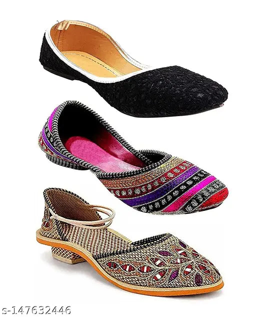 Textile embellished mojaris, slip-on women's bellies sandal set of 3 pairs from India