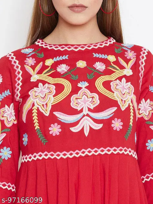 Red embroidered rayon tunic for women, trendy S-XXXL sizes, India origin