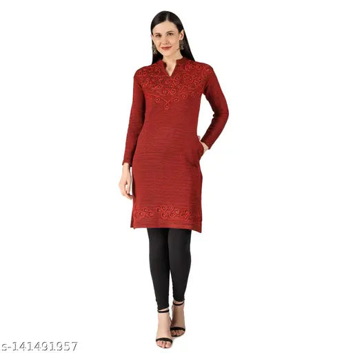 Red embroidered kameez, long sleeves, V-neck, slim fit