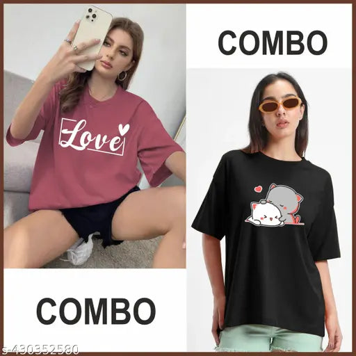 Trendy fashion print women casual oversized t-shirt combo pack