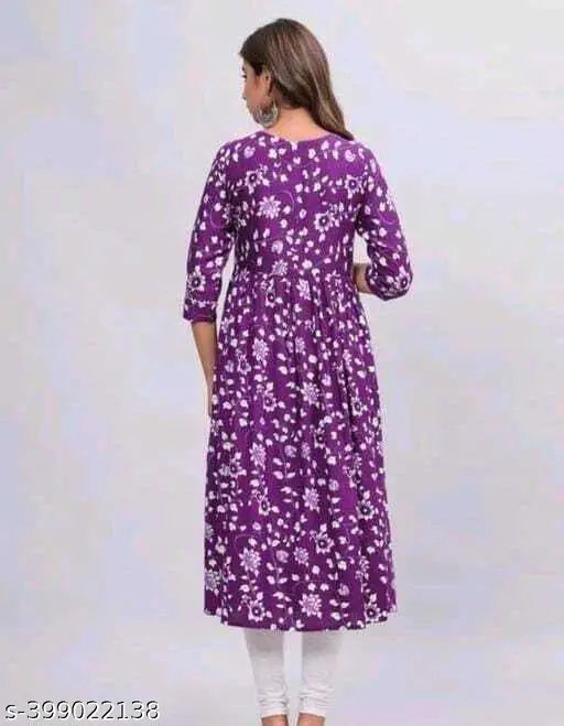 Purple Aliya cut cotton kurti, three-quarter sleeves, printed combo, S-44XXL bust sizes
