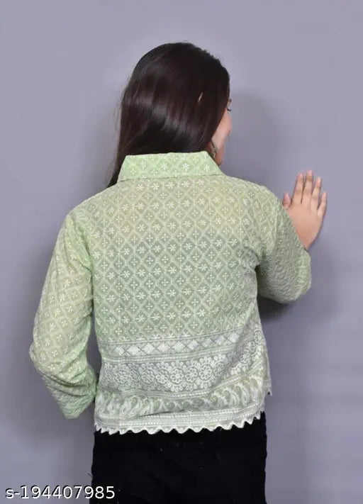 Trending cotton embroidered jacket for women & girls with blouse, long sleeves, net pattern, India origin