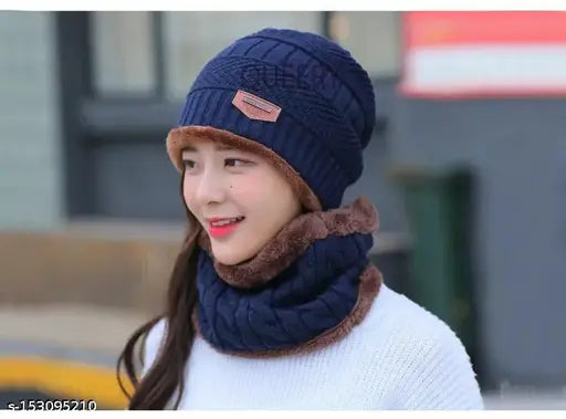 Women's navy blue wool beanie cap, neck scarf