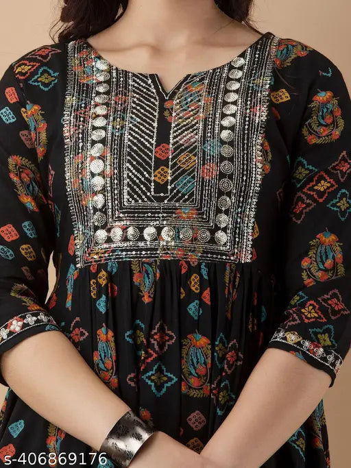 Rayon Nayra Cut Kurti set in printed combo, three-quarter sleeves, Indian fashion clothing for women