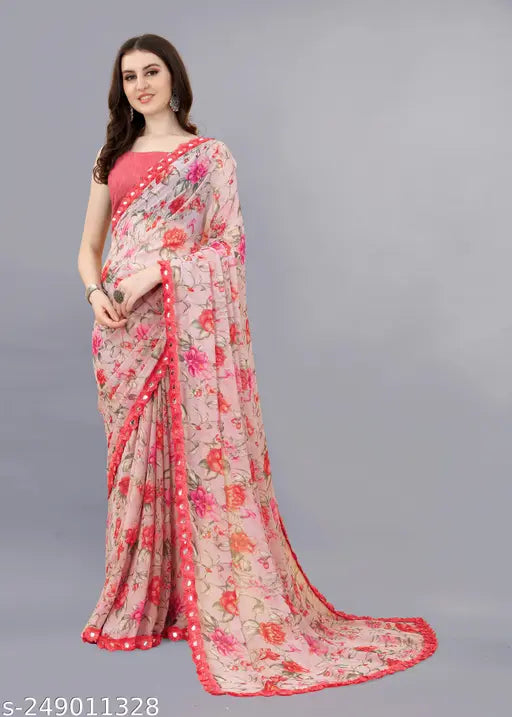 Georgette saree with printed floral design and lace border, featuring a separate blouse piece. Fancy daily wear Bollywood inspired style, Cotton Silk blend fabric, suitable for festive occasions under 199 SAREE store