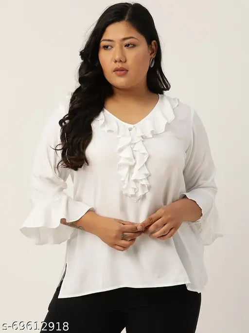 Viscose Rayon plus size white top, three-quarter bell sleeves with ruffles detail - revolution for women XL to 6XL, made in India