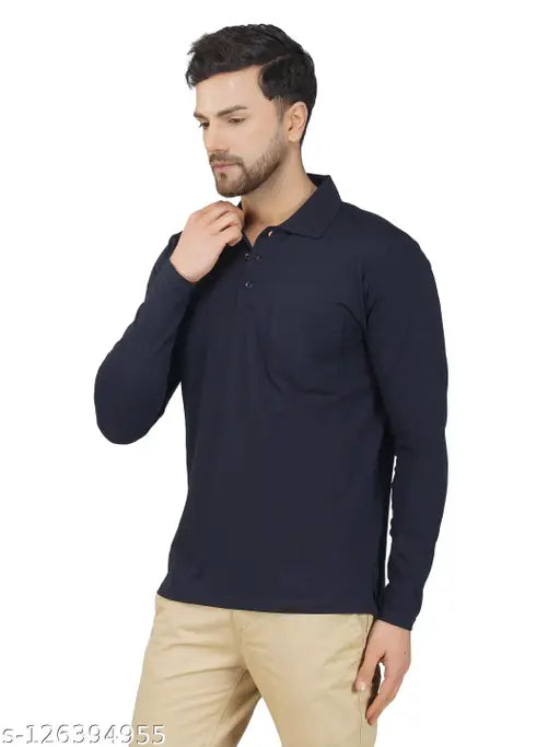 Navy Blue Solid Cotton Polo T-Shirt, full sleeve, long sleeves, 100% Super Combed Cotton, perfect for daily wear or work