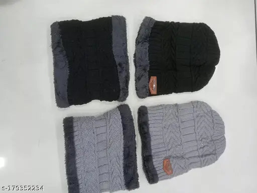 Light grey & black winter knit skull cap with faux fur inner, airproof, warm hat & muffler combo