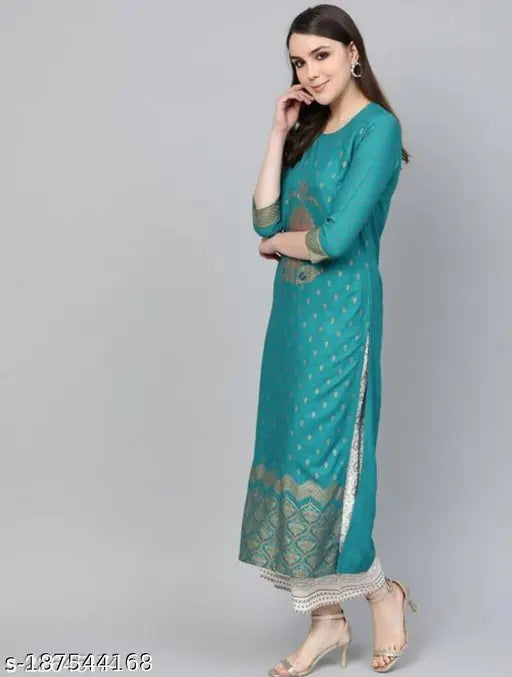 Green cotton kurta set with palazzos for girls, Jai Shree printed design for special occasions like weddings or parties