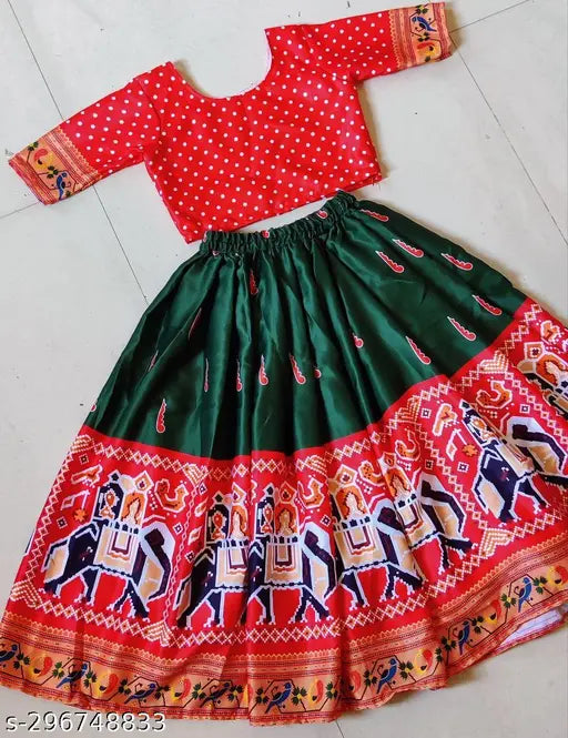 kids satin lehenga set, printed crop top lehanga with semi-stitched net for girls wedding wear, ethnic motif on display