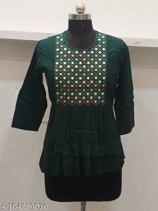 Embroidered Rayon Top for Women - Bottle Green Three-Quarter Sleeve Tunic, Handwoven in India