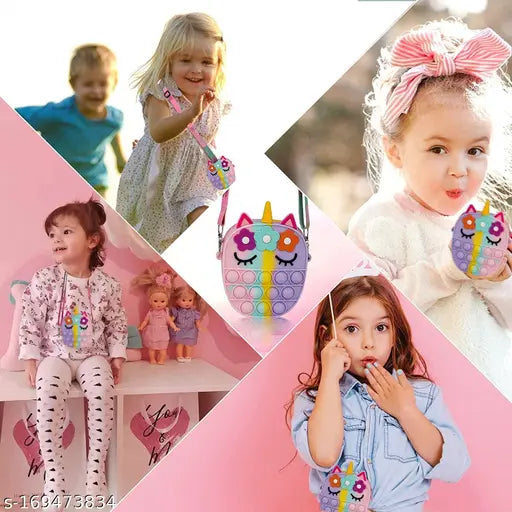 Small pink kids toy, adjustable strap, fidget stress relief bag with unicorn shape, pop it, mini sling