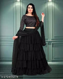 Satin and net lehenga set with ruffle stitch and zari woven pattern, suitable for ages 2-16 years old, Indian handcrafted quality