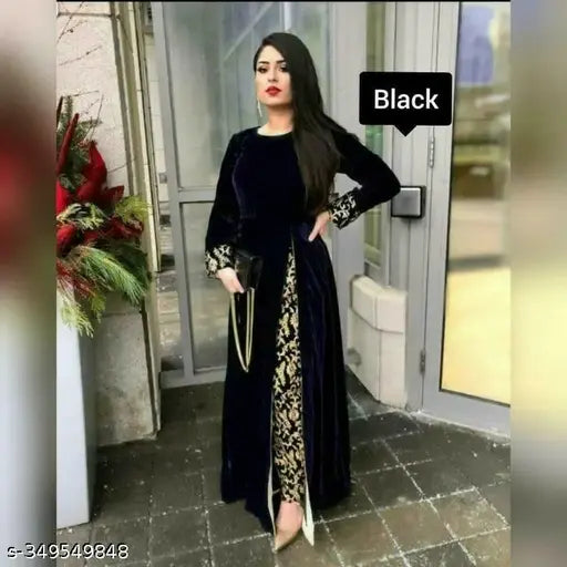 Black velvet long kurta with gold embroidery