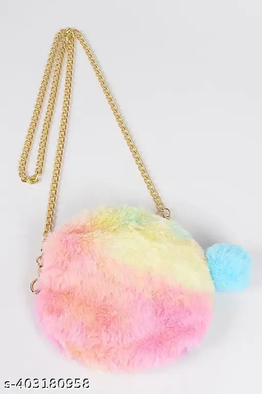Multicolor round crossover purse with pom-poms