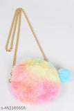 Multicolor round crossover purse with pom-poms