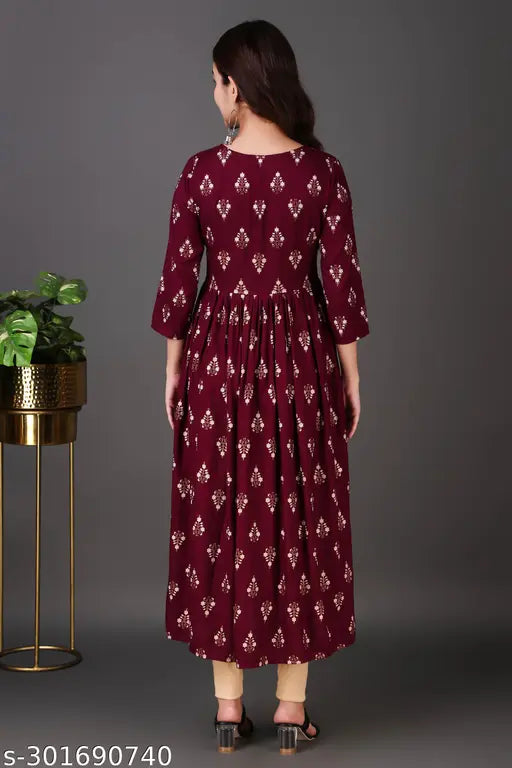 Printed rayon long kurta for women, with three-quarter sleeves and a front panel