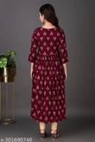 Printed rayon long kurta for women, with three-quarter sleeves and a front panel