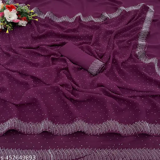 Georgette saree with embellished Siroski blouse, free size, India