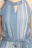 Sky blue & white striped crepe jumpsuit for women, sleeveless with keyhole neck and knot detail, size S-XL