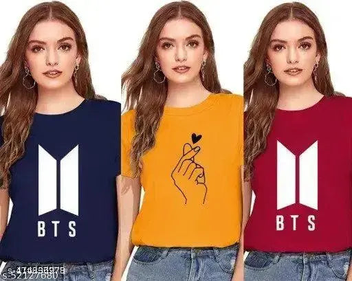 Blue BTS Mustard Chutki/Marun BTS Printed Cotton T-shirts for Women/Girls - Set of 3, short sleeves on display